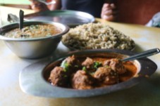 Kuska rice, dal fry and mince curry